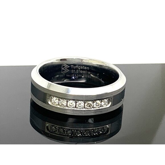 Men's Wedding Band Gray Silver Tungsten Stainless Steel Diamond Ring Size 12.75